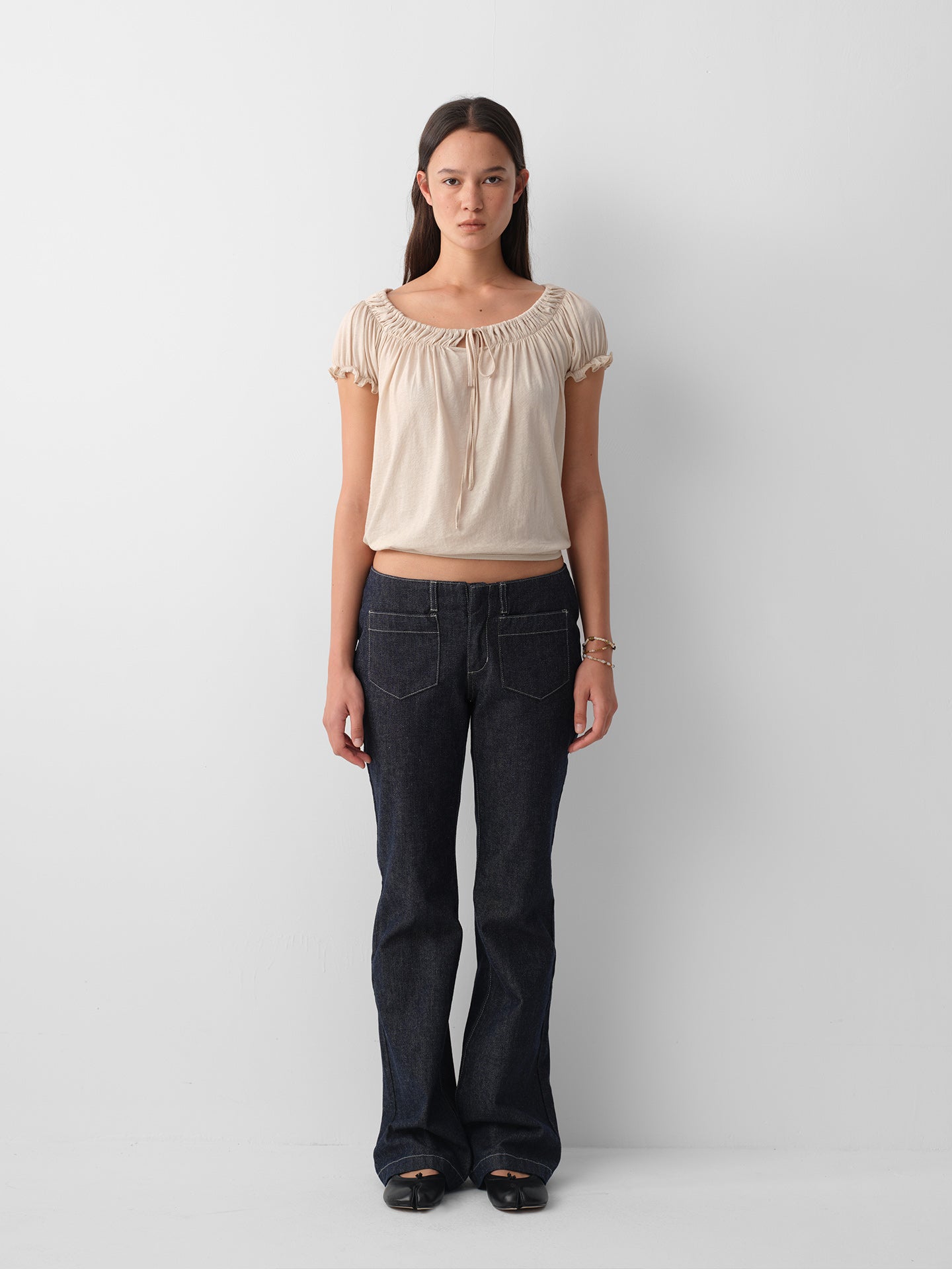 Hughum Cotton-Feel Drawstring Tie Short Sleeve Top