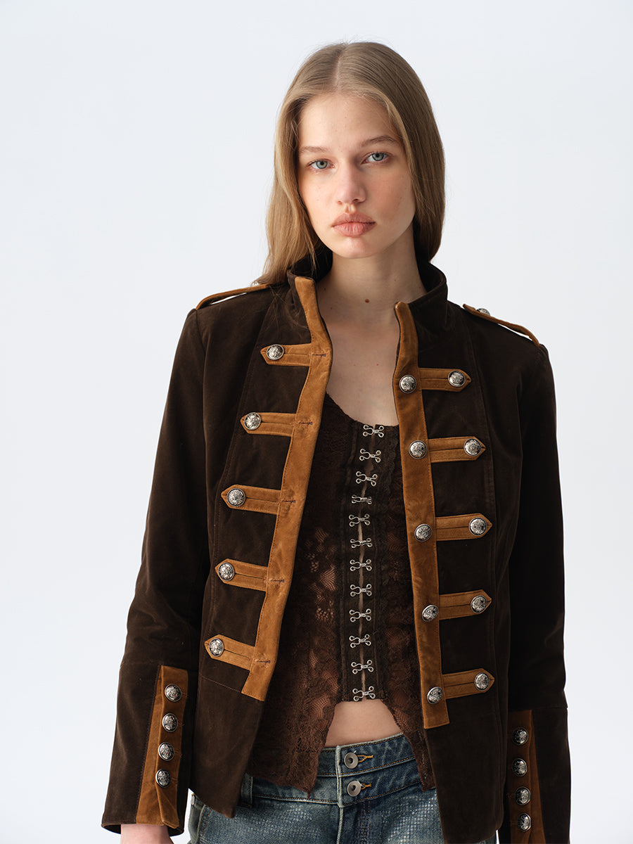 Dotyears Brown Color-Block Velvet Jacket