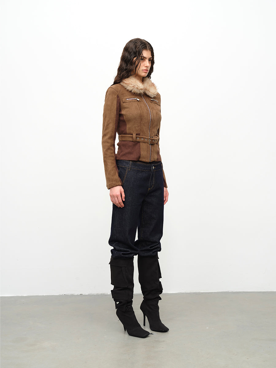 Dotyears24AW Fur collar panelled jacket jacket top