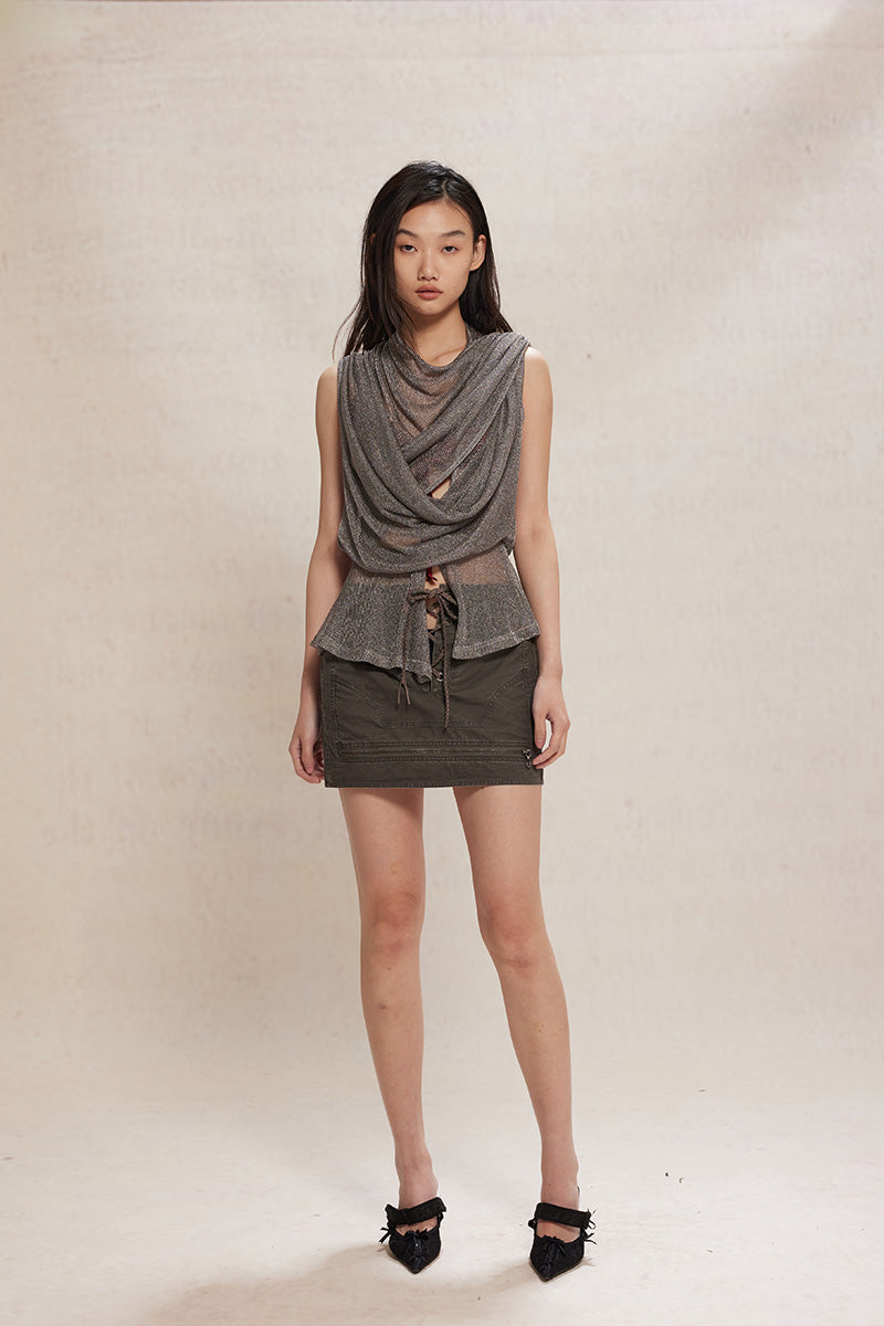 Dotyears24ss Grey tie straight low-rise denim distressed short skirt