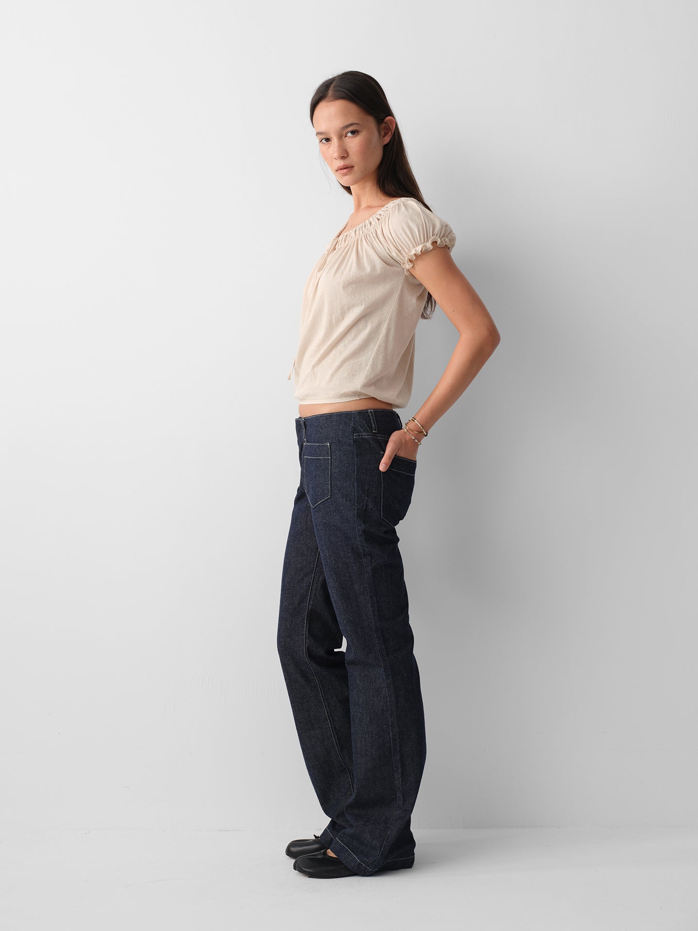 Hughum Cotton-Feel Drawstring Tie Short Sleeve Top