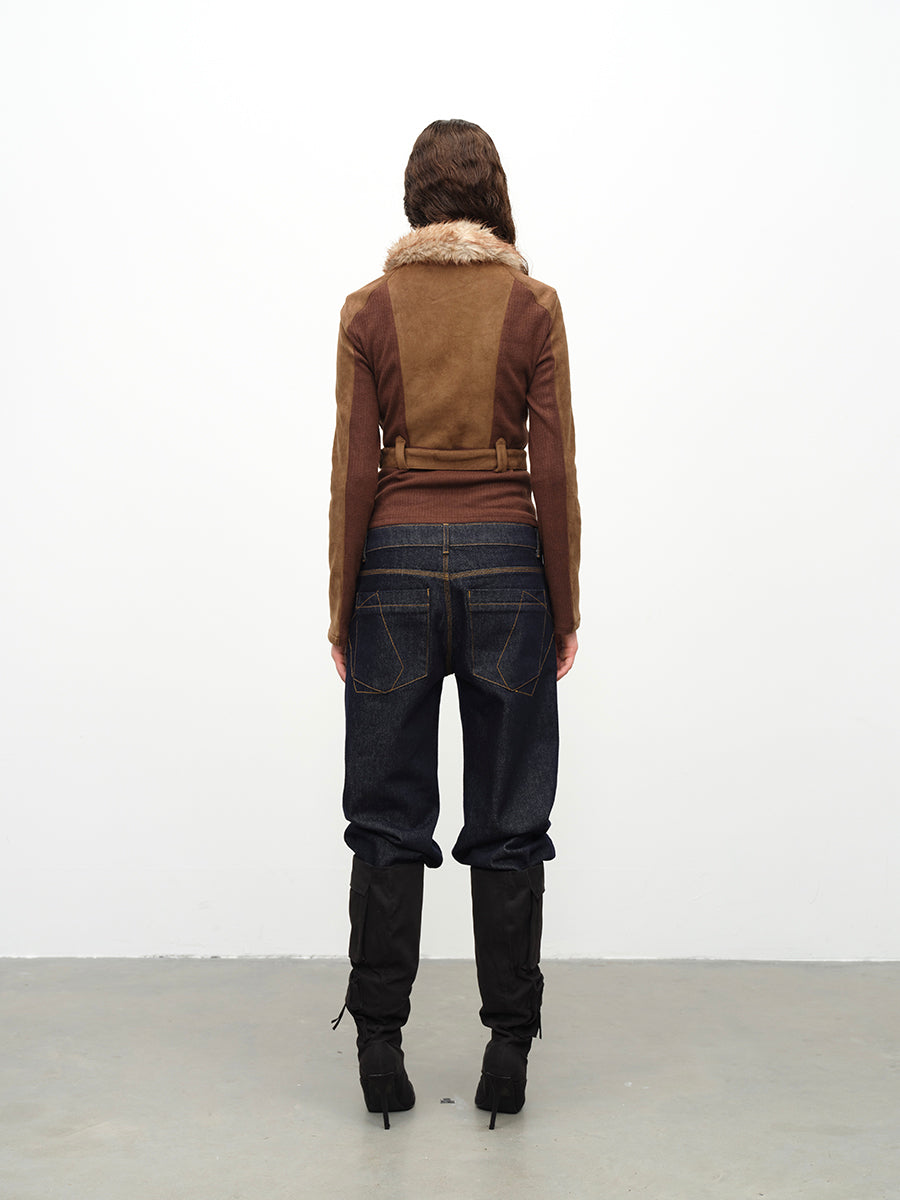 Dotyears24AW Fur collar panelled jacket jacket top