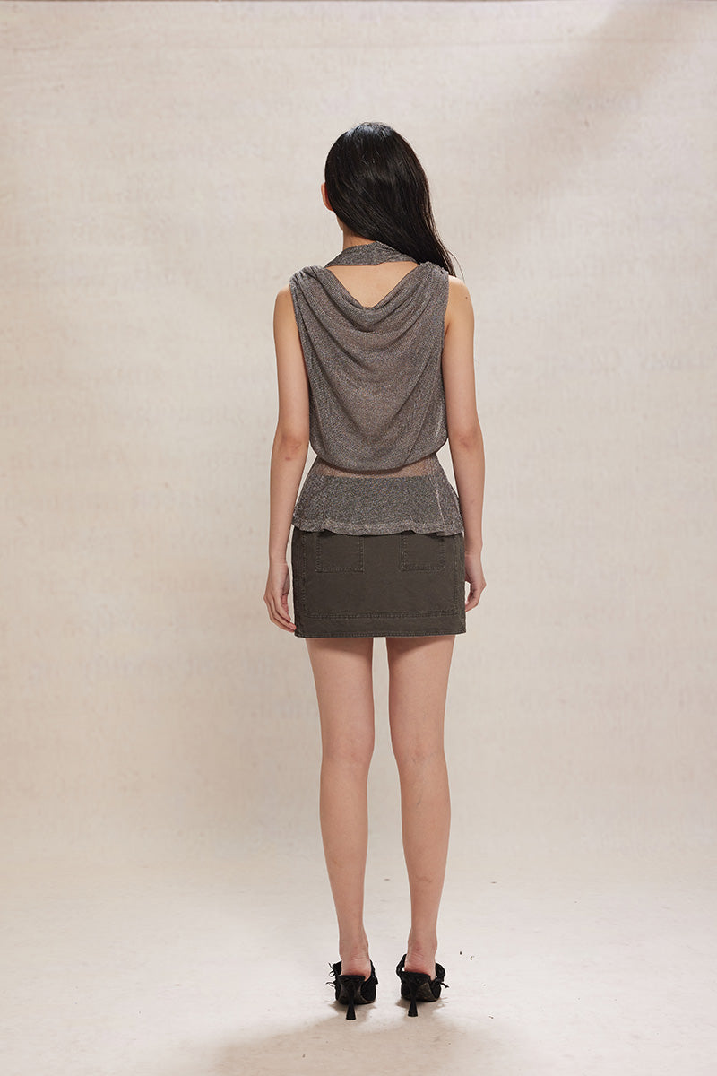 Dotyears24ss Grey tie straight low-rise denim distressed short skirt