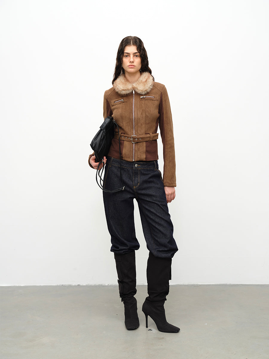 Dotyears24AW Fur collar panelled jacket jacket top