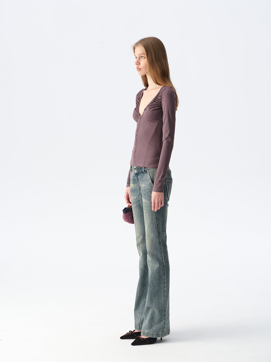 Dotyears Ruffled Plunging Neckline Top in Black & Purple