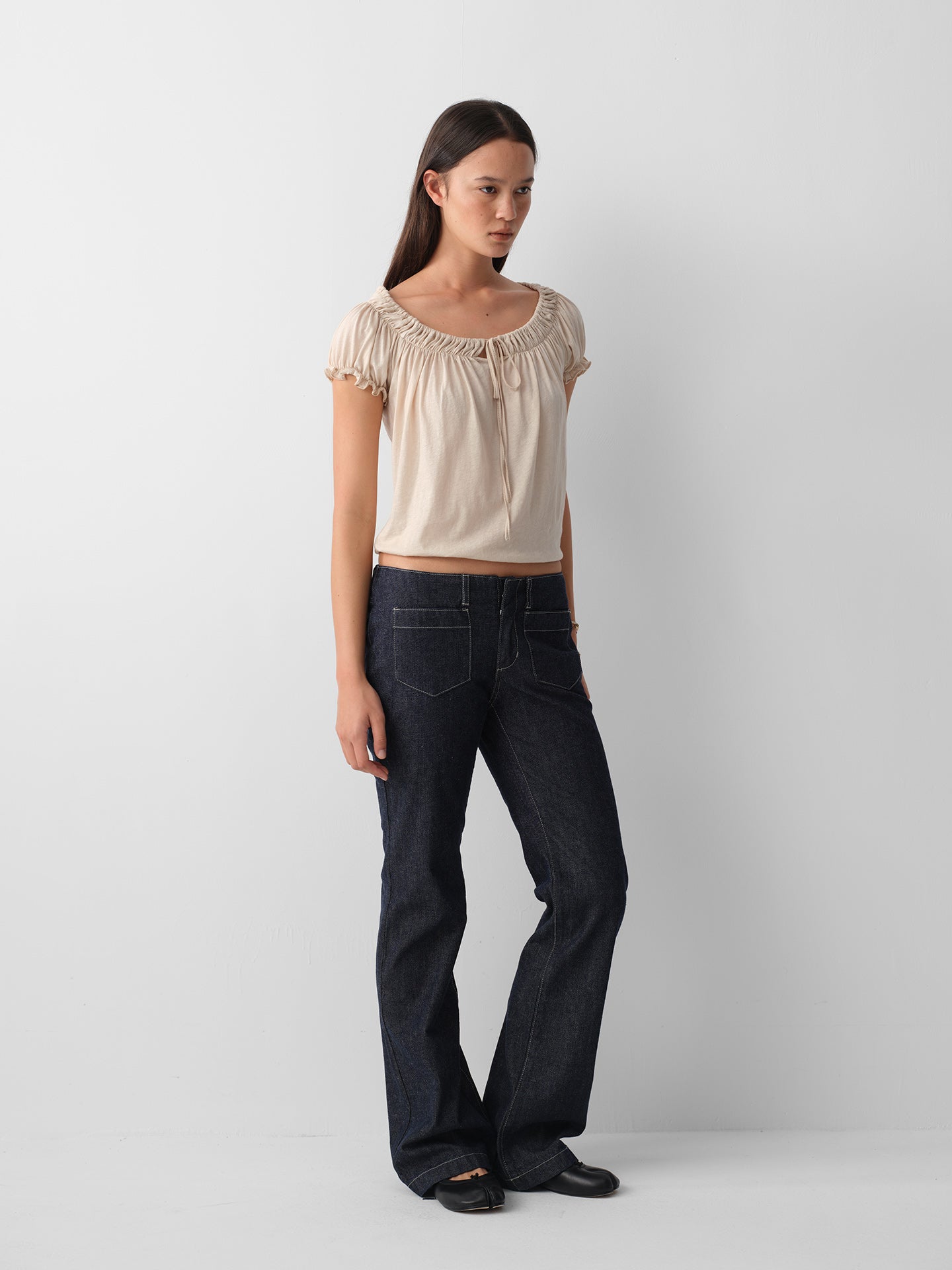 Hughum Cotton-Feel Drawstring Tie Short Sleeve Top