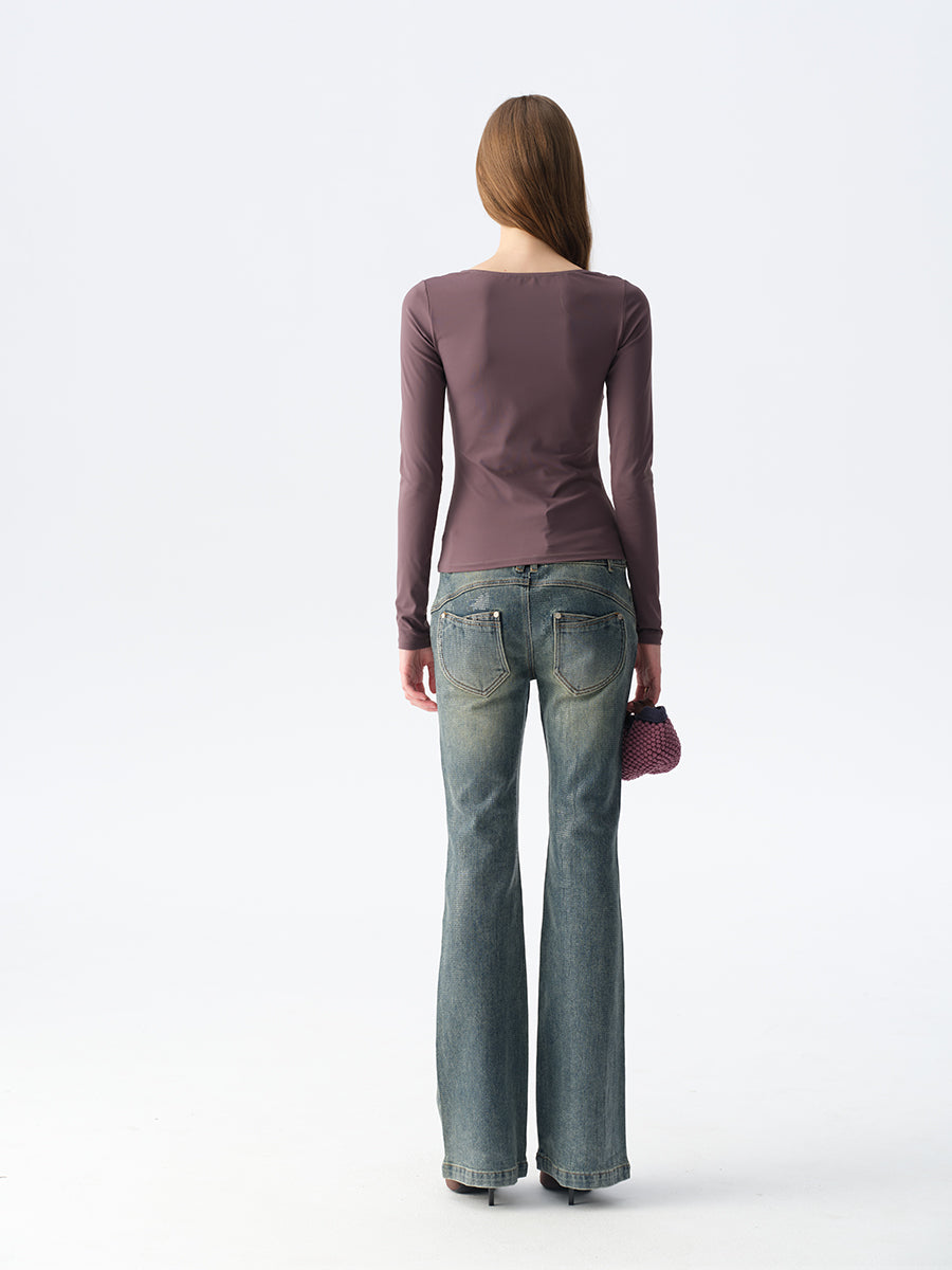 Dotyears Ruffled Plunging Neckline Top in Black & Purple