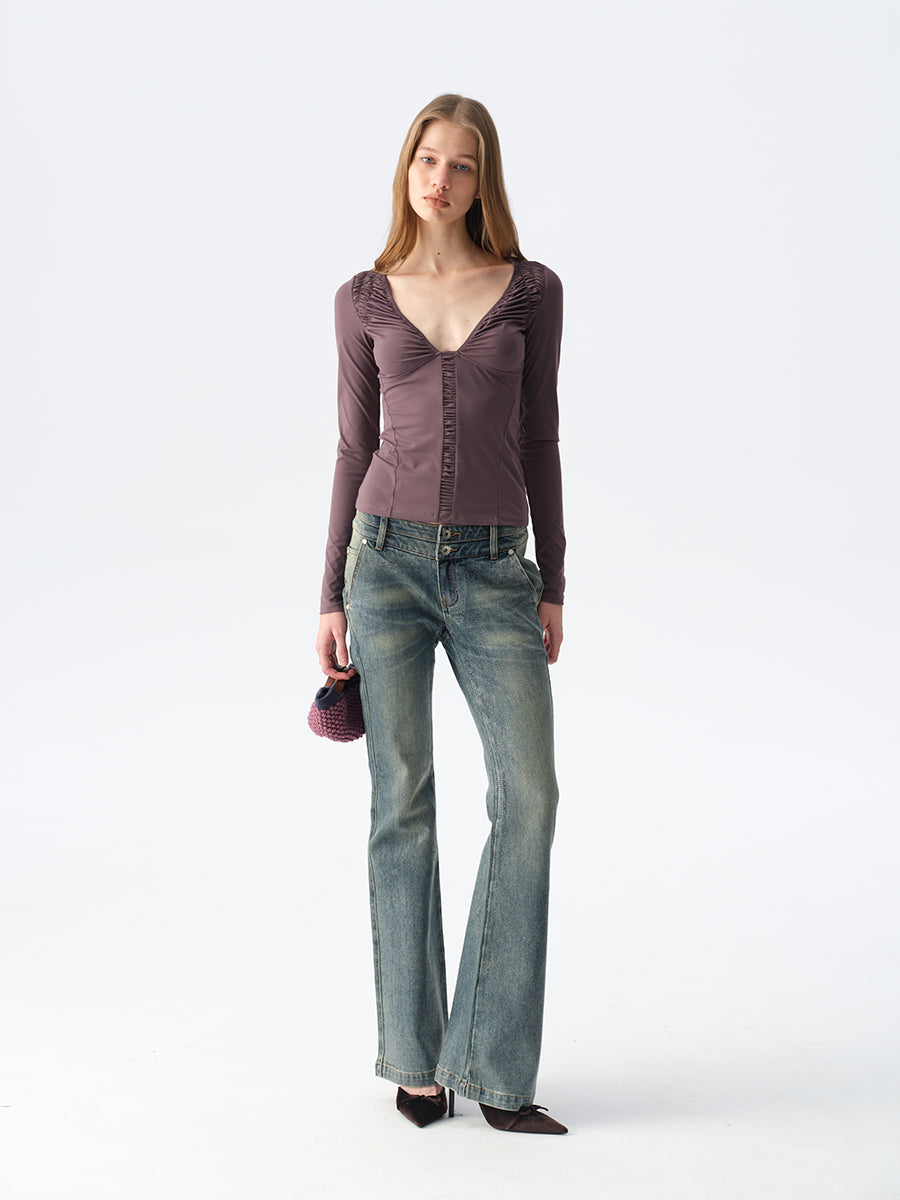 Dotyears Ruffled Plunging Neckline Top in Black & Purple