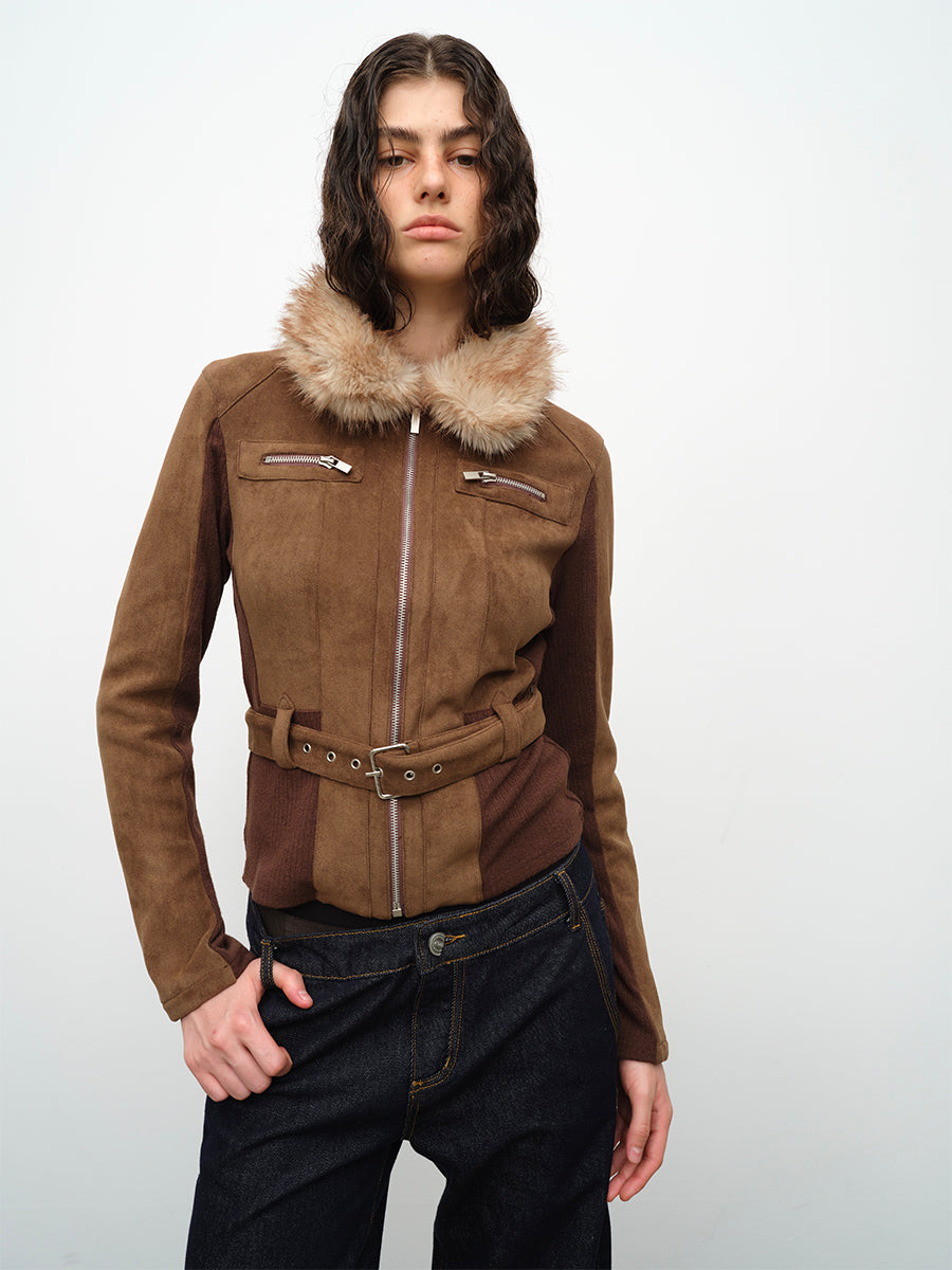 Dotyears24AW Fur collar panelled jacket jacket top