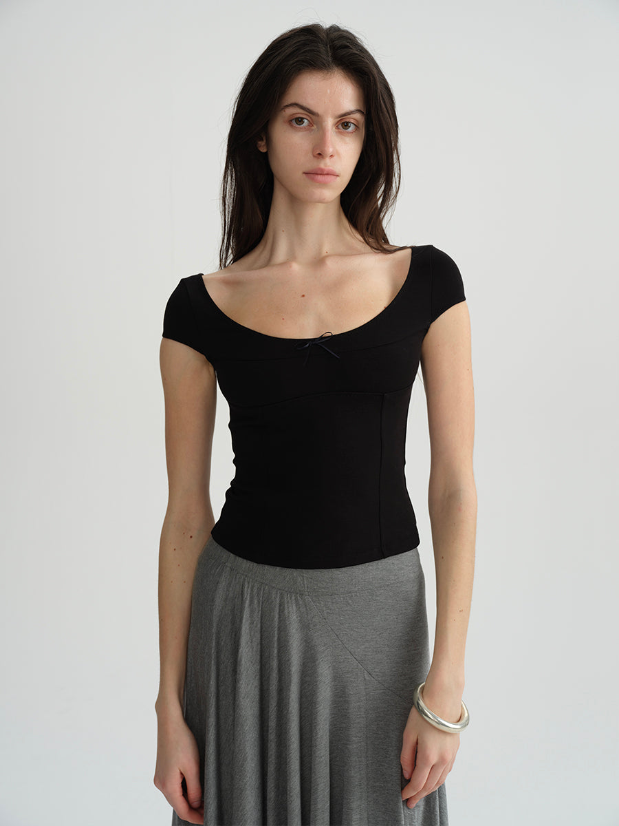 Dotyears Two-tone herringbone scoop neck basic fit slim fit T-shirt