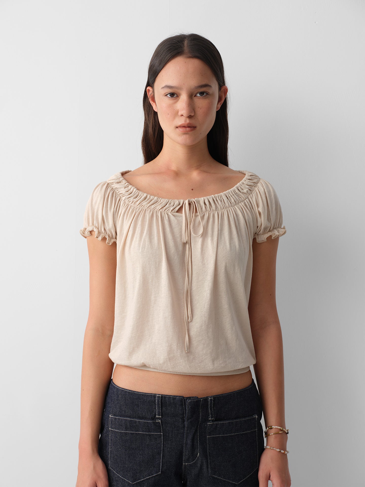 Hughum Cotton-Feel Drawstring Tie Short Sleeve Top