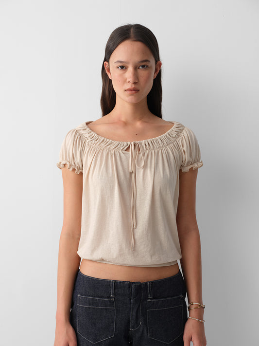 Hughum Cotton-Feel Drawstring Tie Short Sleeve Top