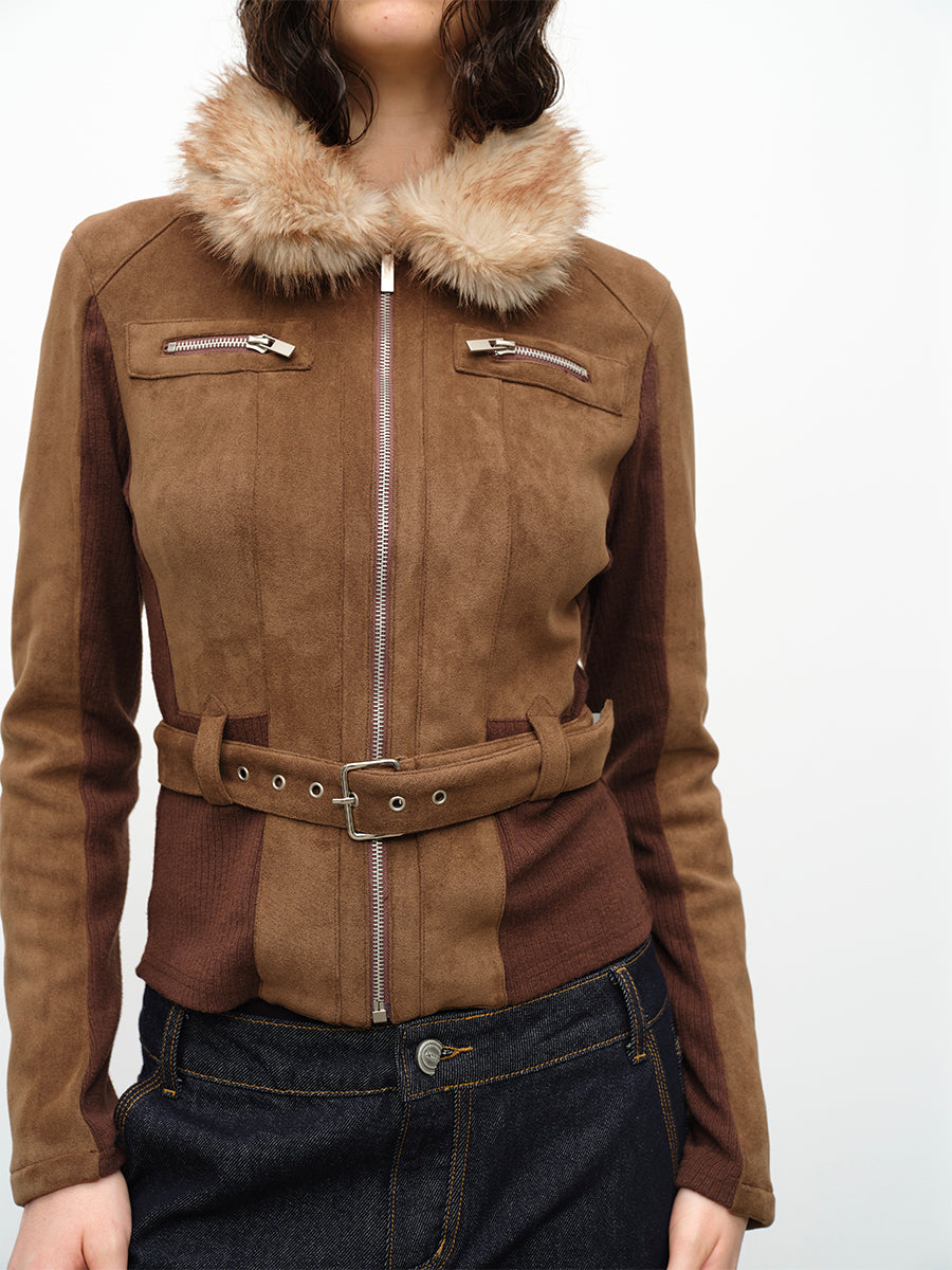 Dotyears24AW Fur collar panelled jacket jacket top
