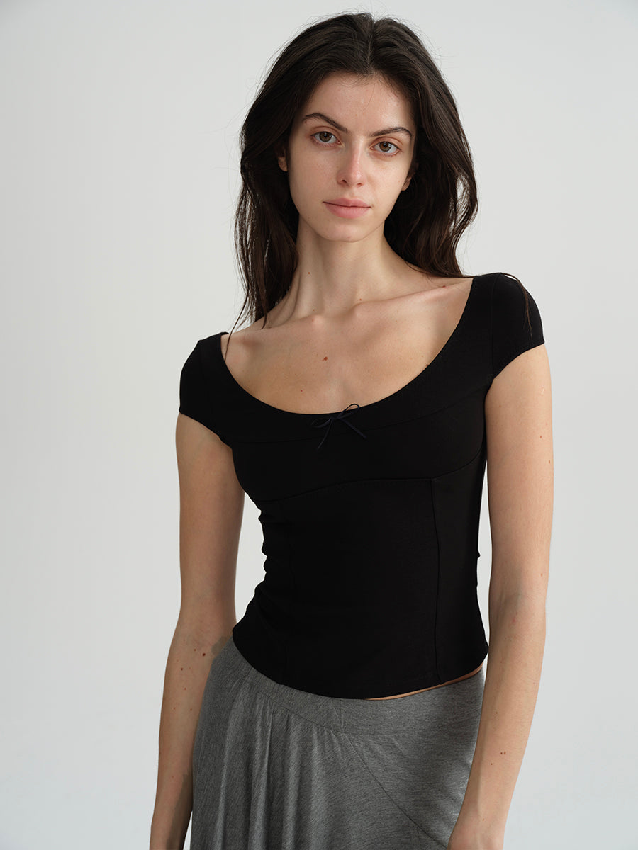 Dotyears Two-tone herringbone scoop neck basic fit slim fit T-shirt