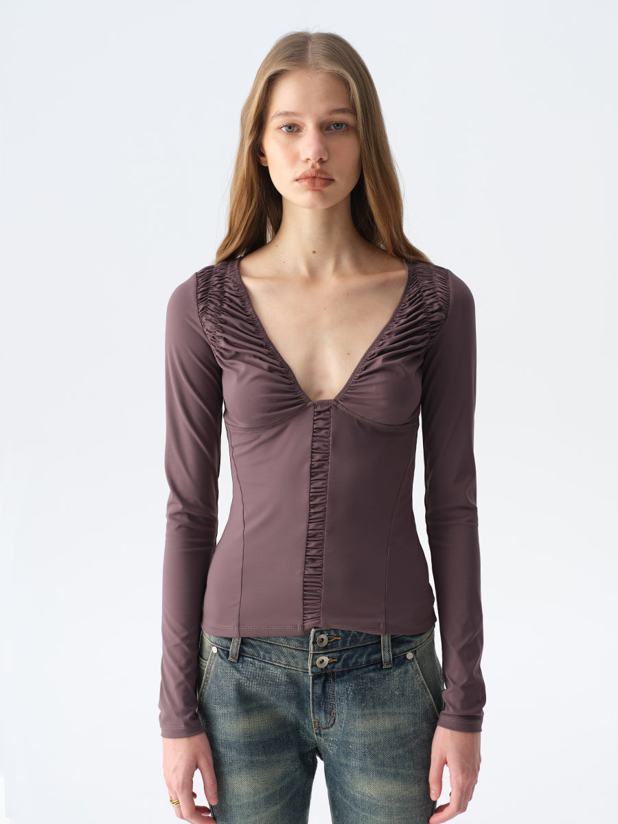 Dotyears Ruffled Plunging Neckline Top in Black & Purple