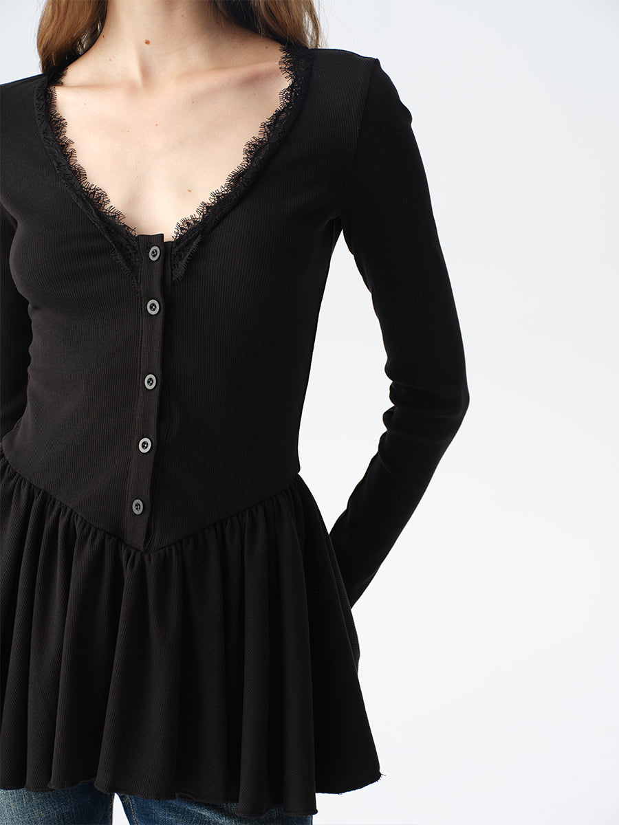 Dotyears Long Black Layering Top with Lace Panels