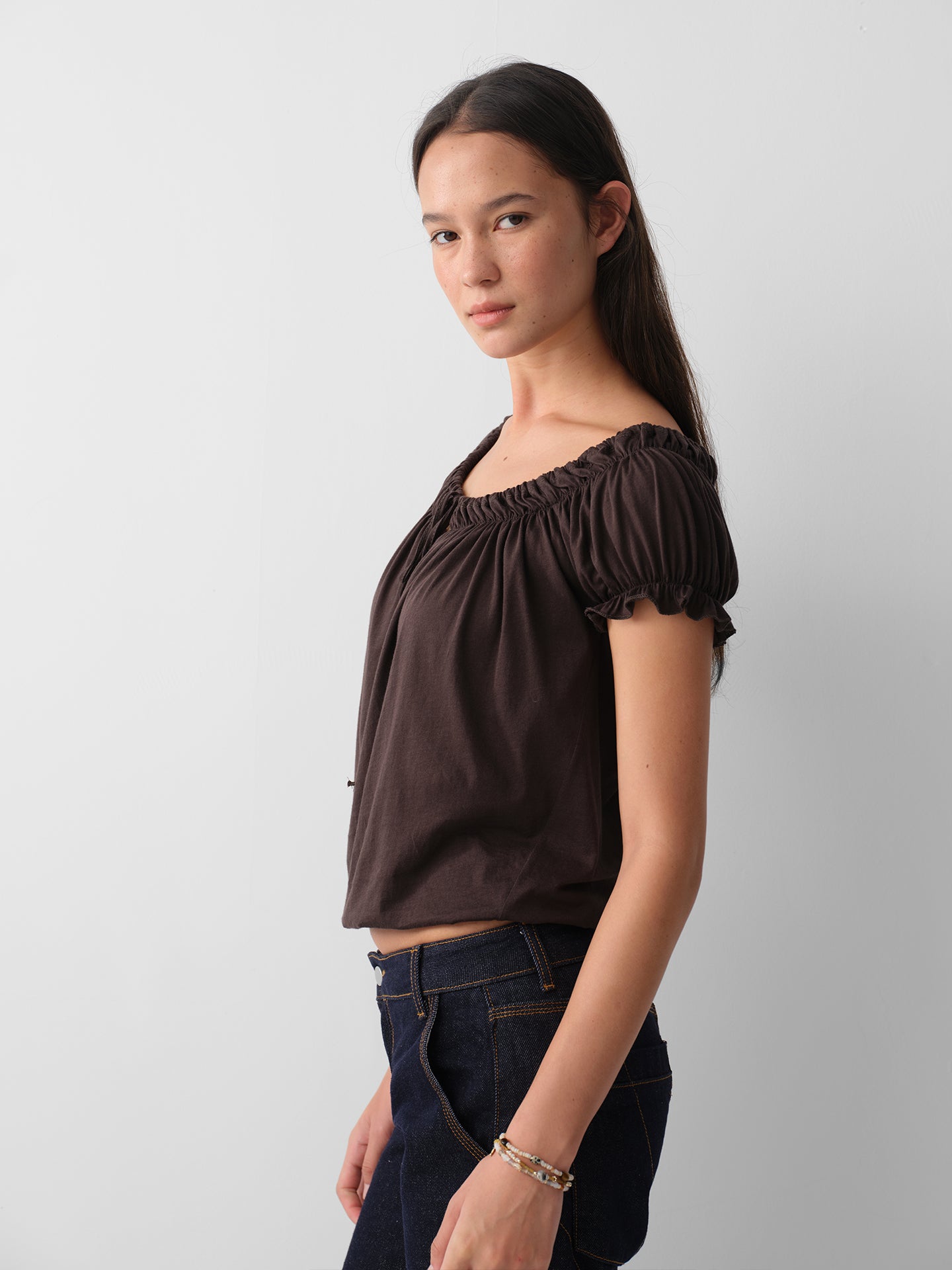 Hughum Cotton-Feel Drawstring Tie Short Sleeve Top