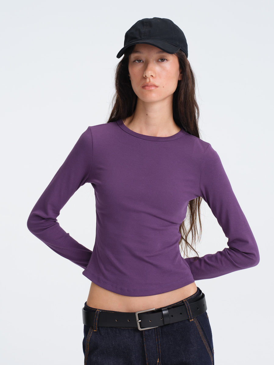 Hughum Solid Color Crewneck Knit Long Sleeve Top