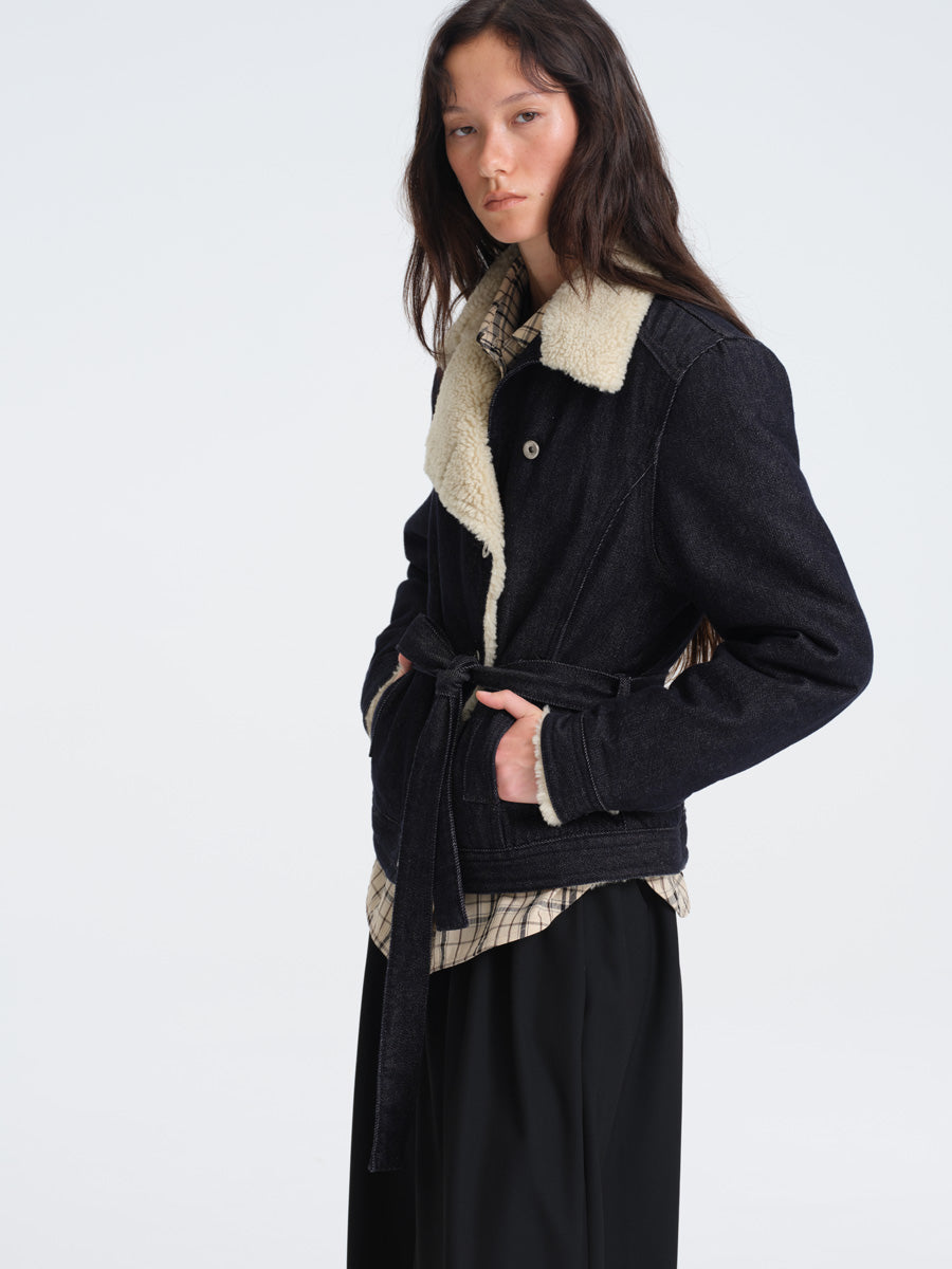 Hughum Lamb's Wool Cotton Denim Asymmetric Placket Coat