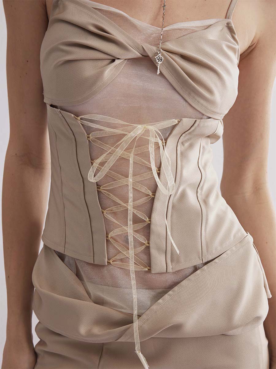 Dotyears24ss Champagne gold-panelled mesh kink set fishtail skirt