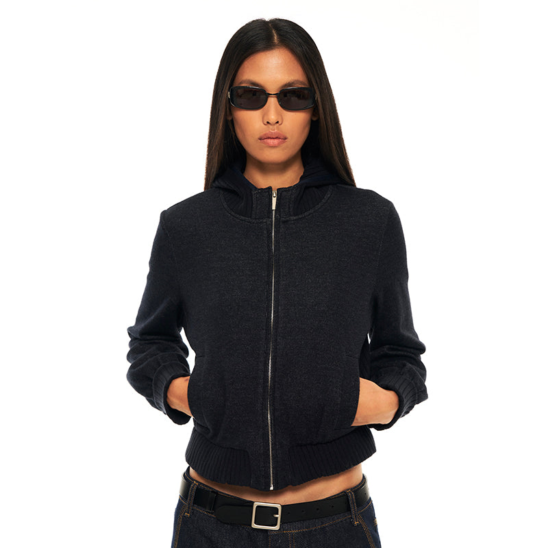 Hughum Navy blue knitted panel threaded sweatshirt jacket