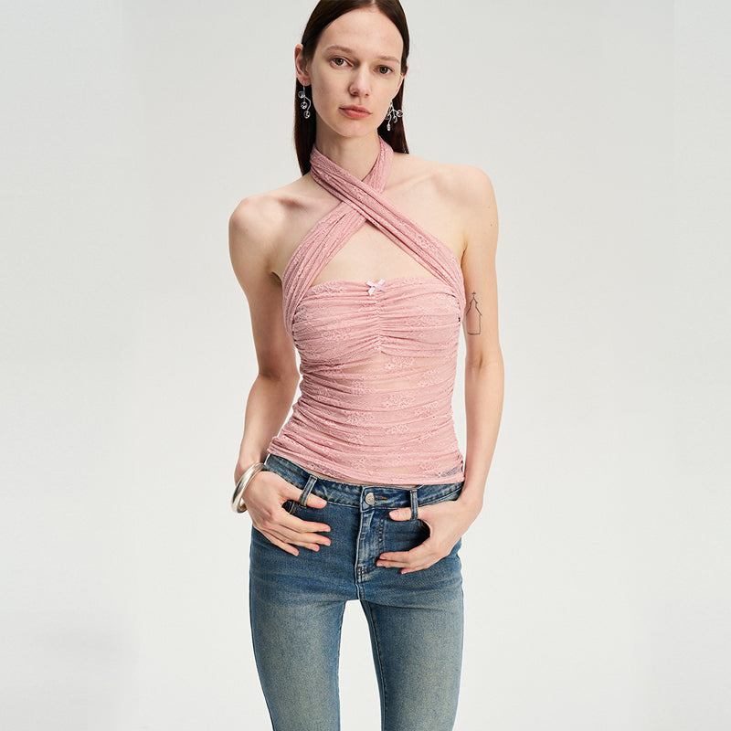 Dotyears  Two-tone lace bow charm with cross-neck suspenders