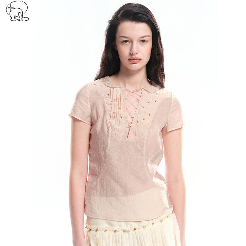 Dotyears Pink shiny cotton-like top with hot-fix rhinestones and tie-up design