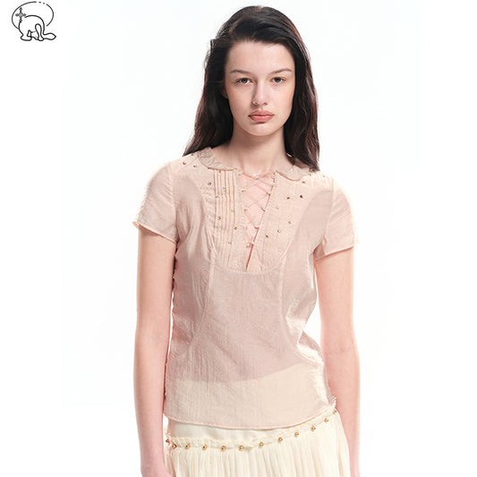 Dotyears Pink shiny cotton-like top with hot-fix rhinestones and tie-up design