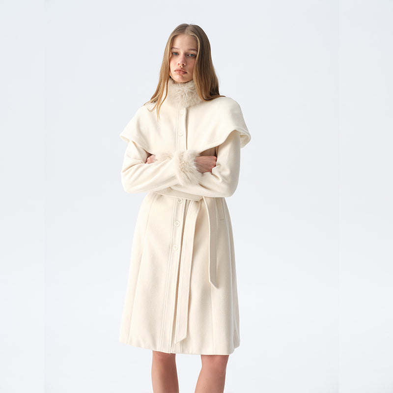 Dotyears White Cape-Style Coat with Detachable Faux Fur Collar