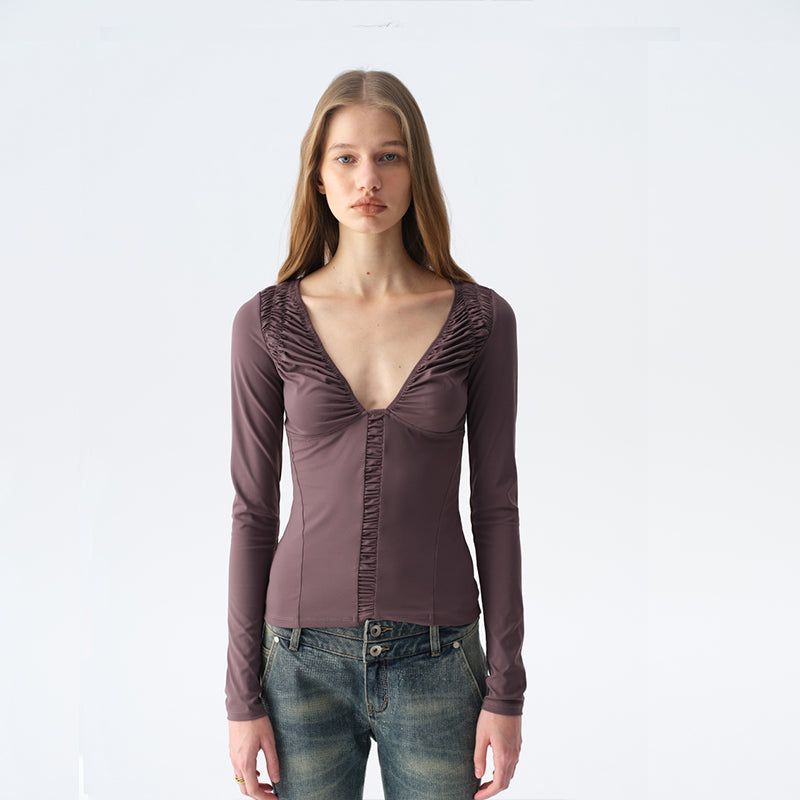 Dotyears Ruffled Plunging Neckline Top in Black & Purple