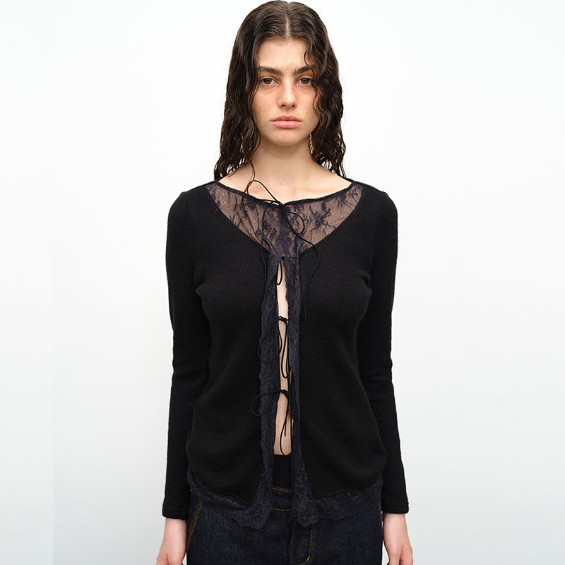 Dotyears24AW Wool lace patchwork lace-up knitted cardigan
