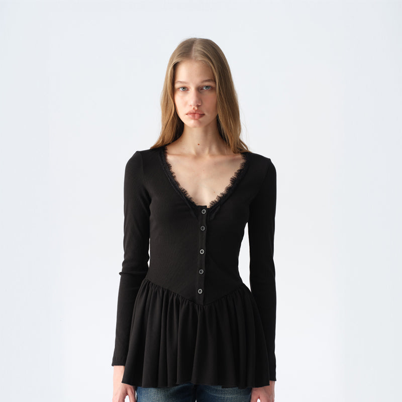 Dotyears Long Black Layering Top with Lace Panels