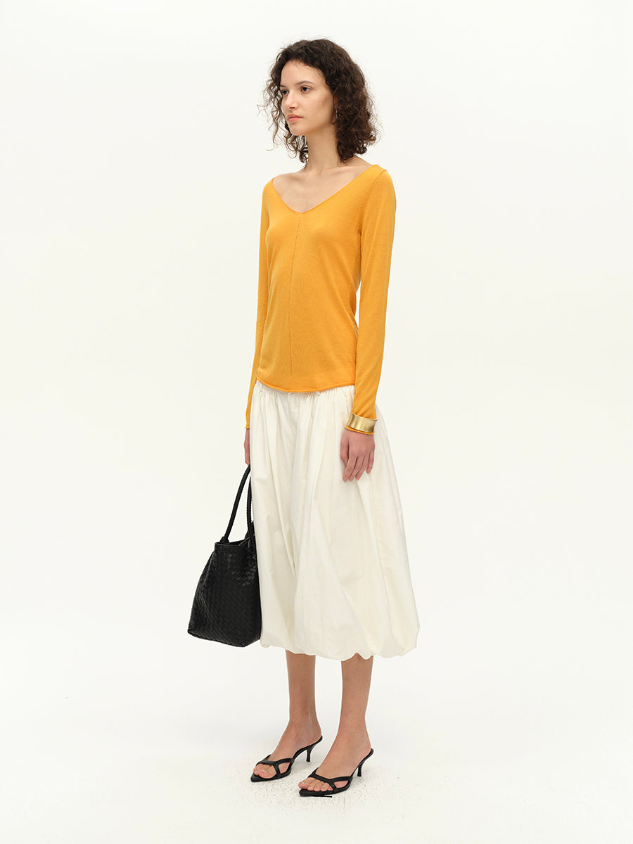 Hughum V-neck Tencel knit cut-out yellow black long sleeves