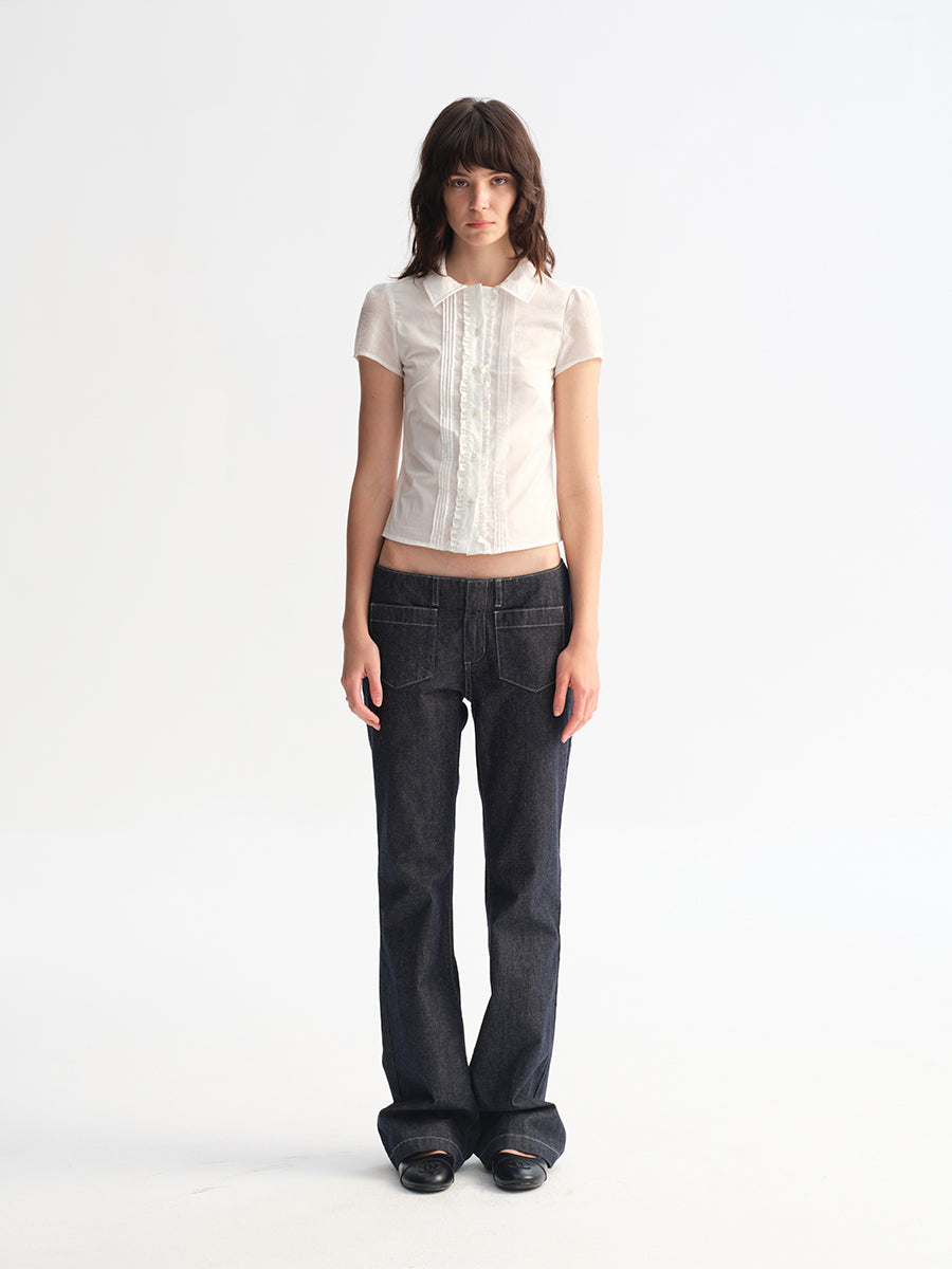 Hughum White Ruffled Lace Short-Sleeve Shirt