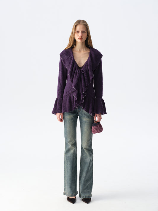 Dotyears Dual-Tone Cut-Out Long Cardigan with Ruffle Tie