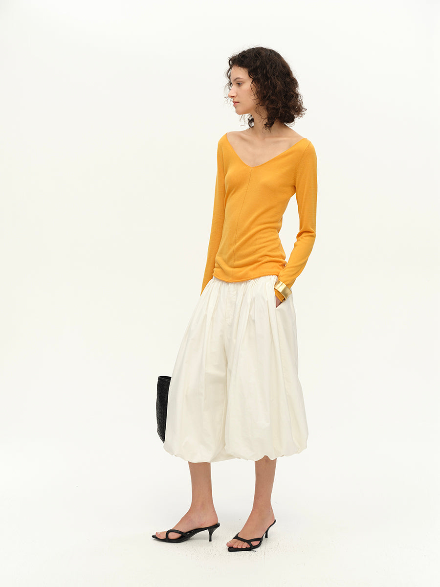 Hughum V-neck Tencel knit cut-out yellow black long sleeves