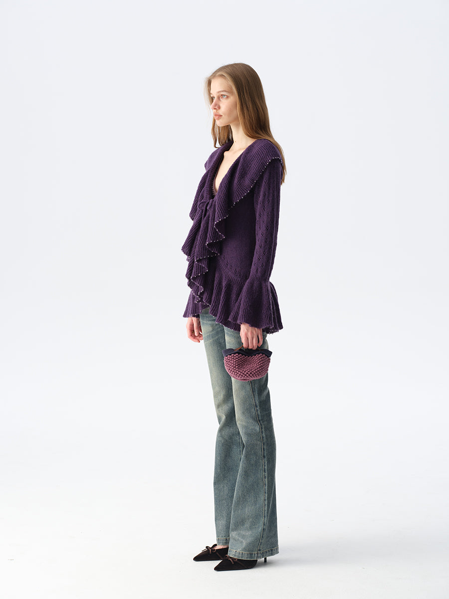 Dotyears Dual-Tone Cut-Out Long Cardigan with Ruffle Tie