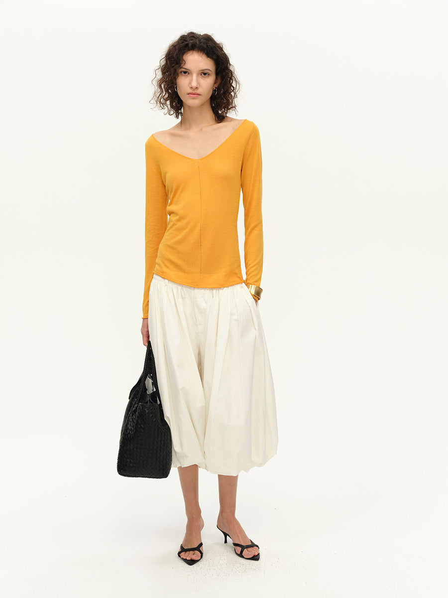 Hughum V-neck Tencel knit cut-out yellow black long sleeves