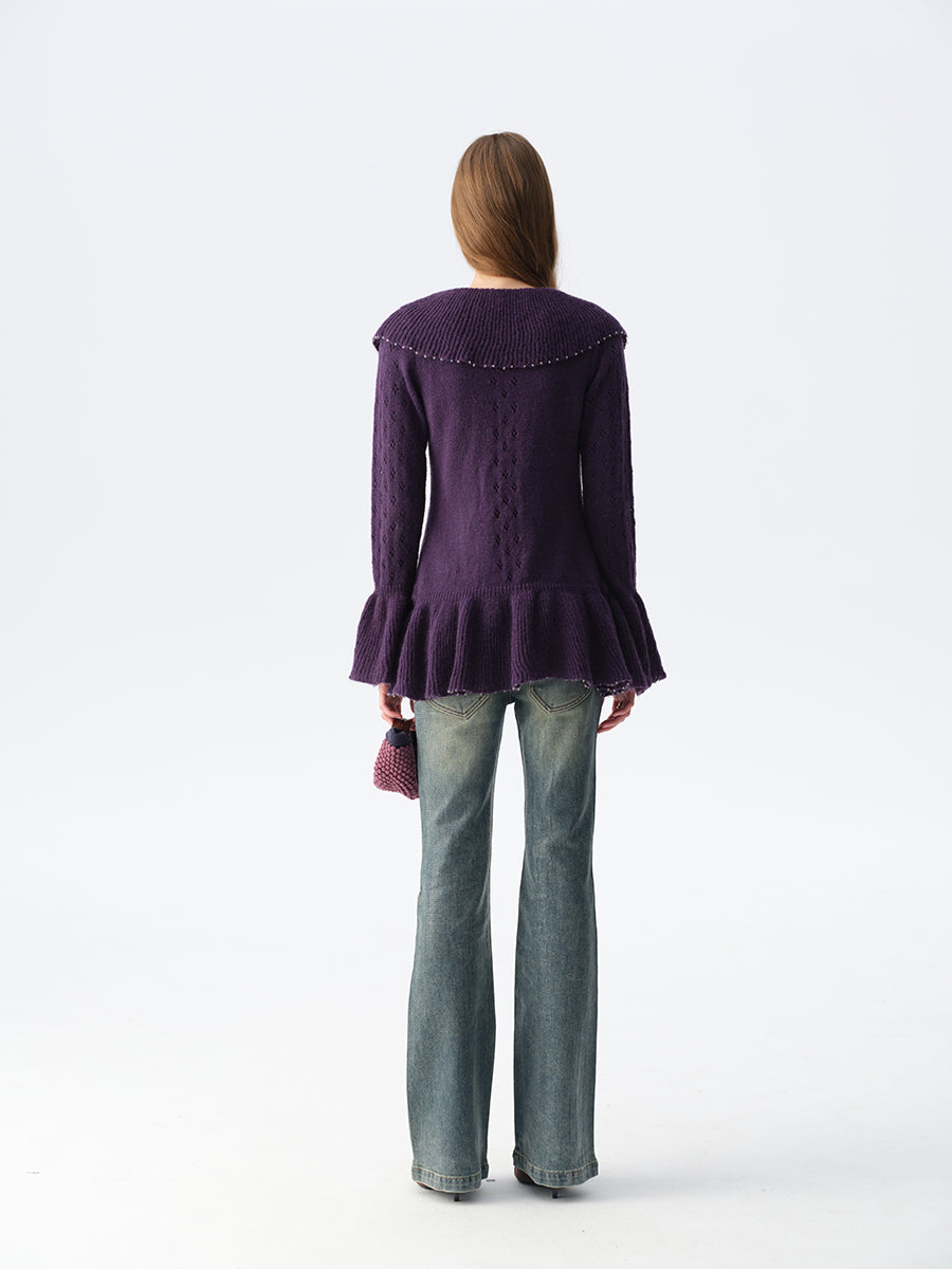 Dotyears Dual-Tone Cut-Out Long Cardigan with Ruffle Tie