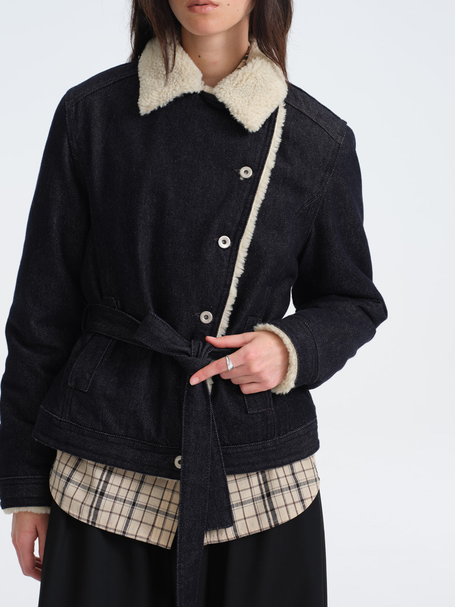 Hughum Lamb's Wool Cotton Denim Asymmetric Placket Coat
