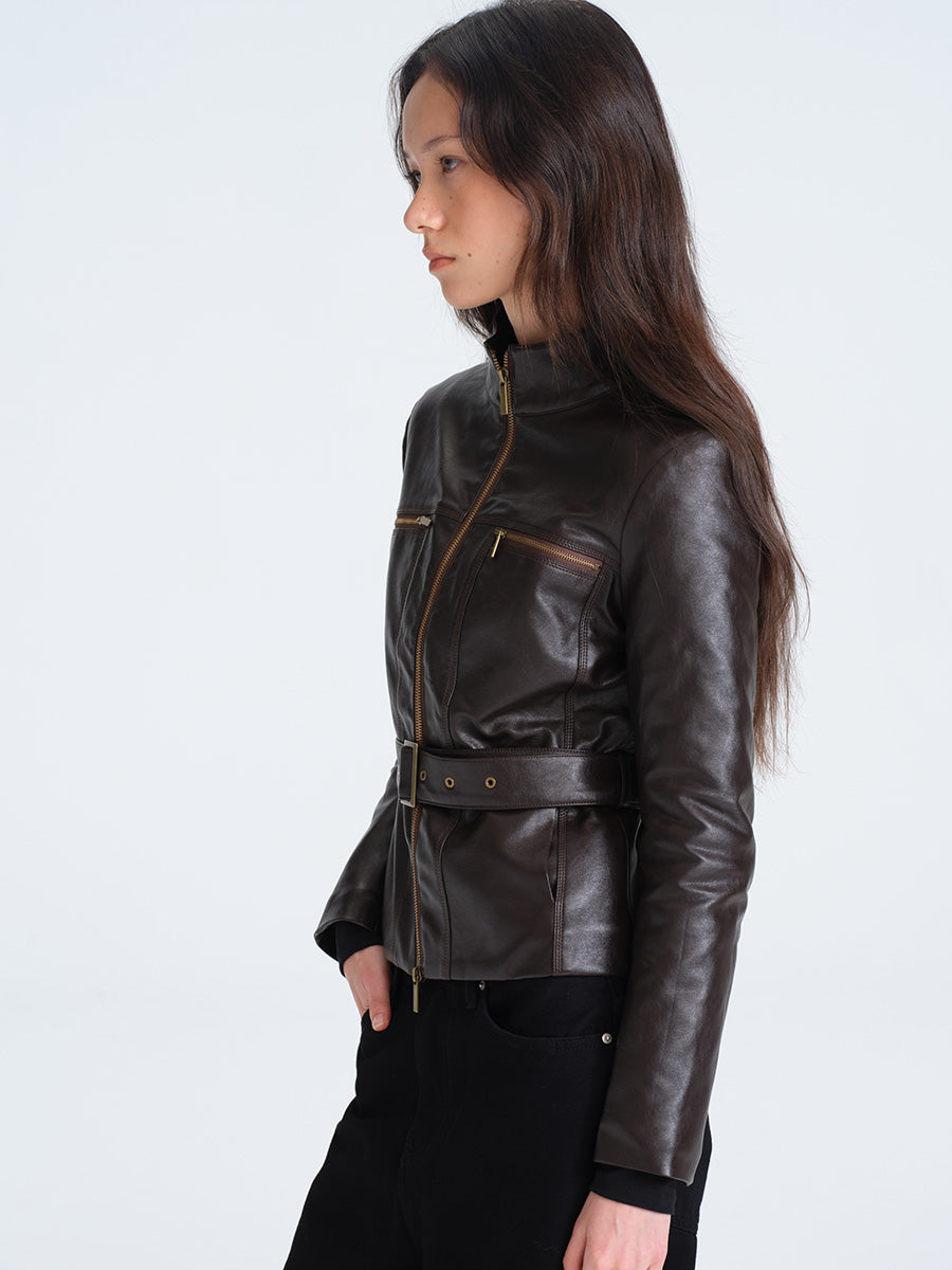 HUGHUM Brown Waisted Leather Jacket