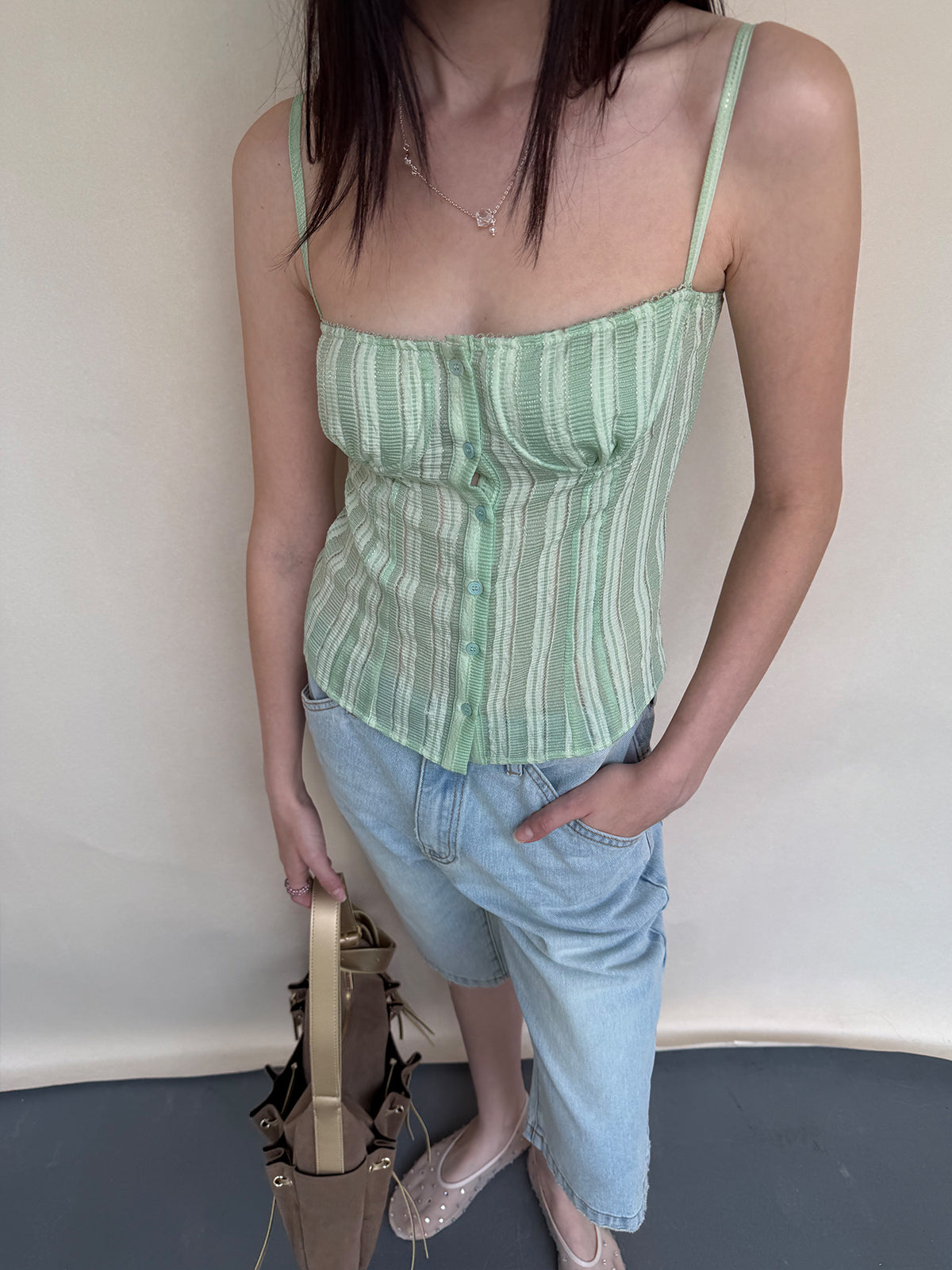 Dotyears Striped Slim-fit Cardigan & Camisole Set