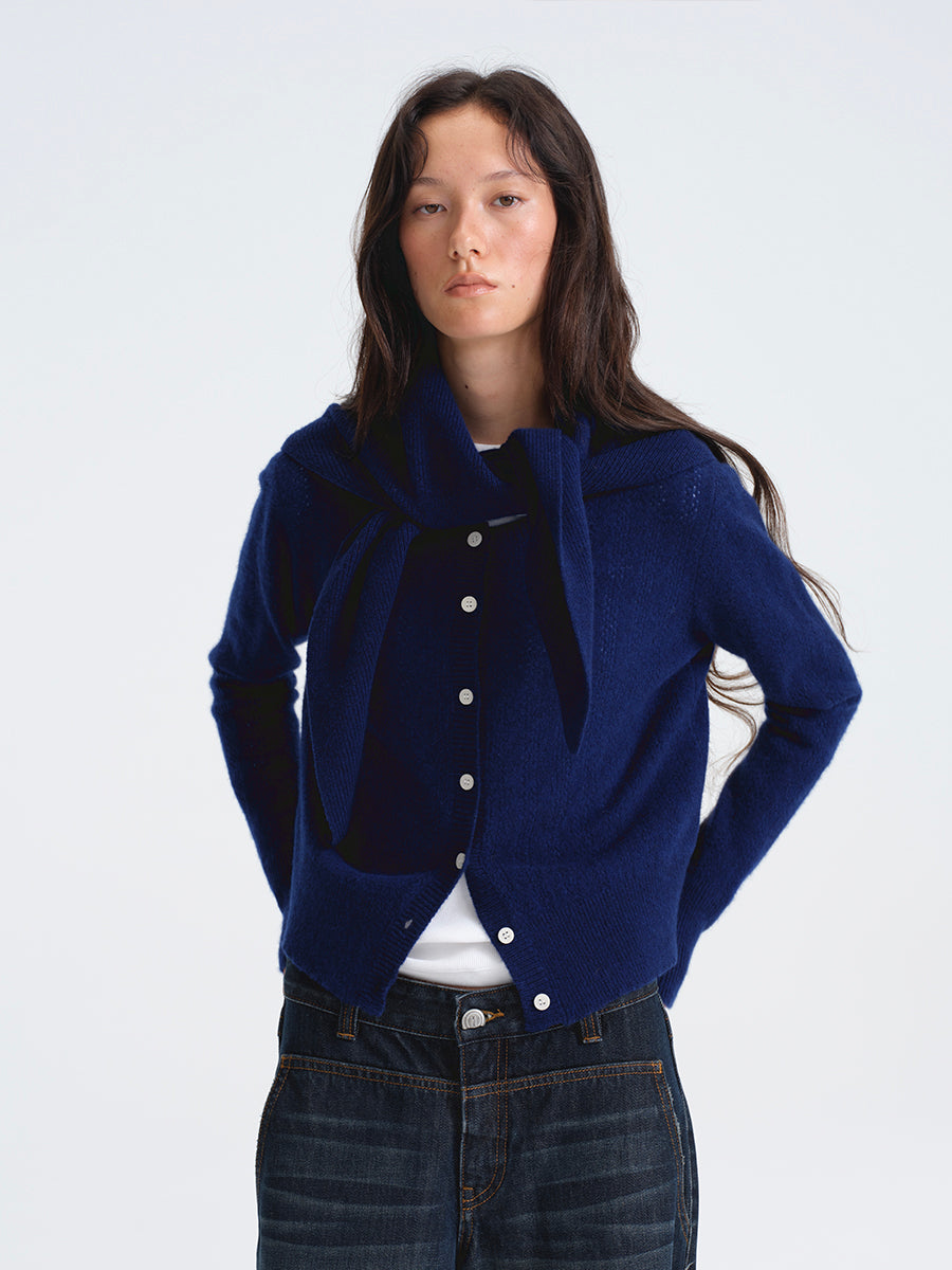 Hughum Navy Blue Openwork Wool Cardigan