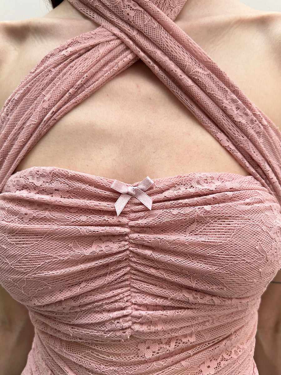 Dotyears  Two-tone lace bow charm with cross-neck suspenders