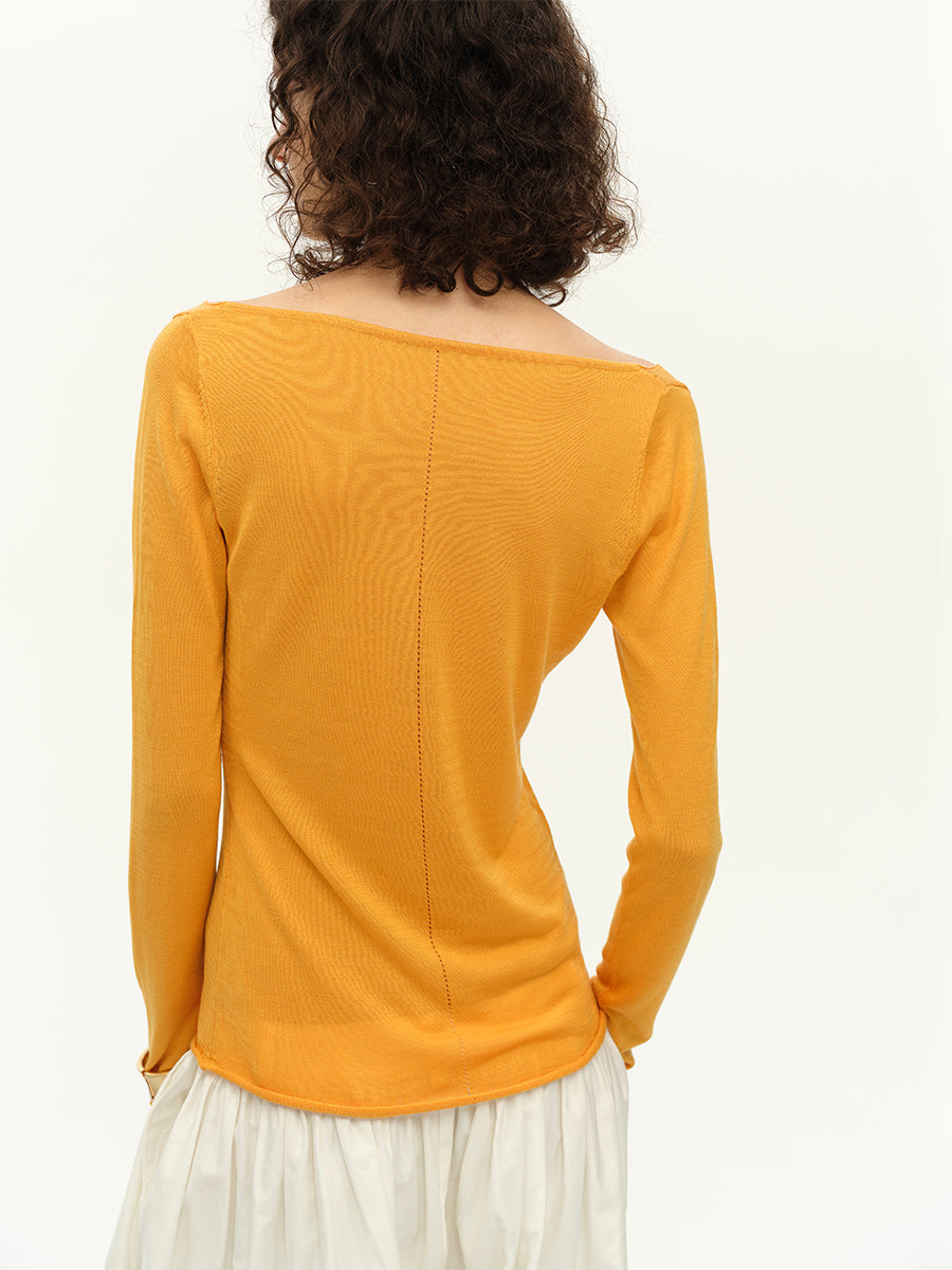 Hughum V-neck Tencel knit cut-out yellow black long sleeves