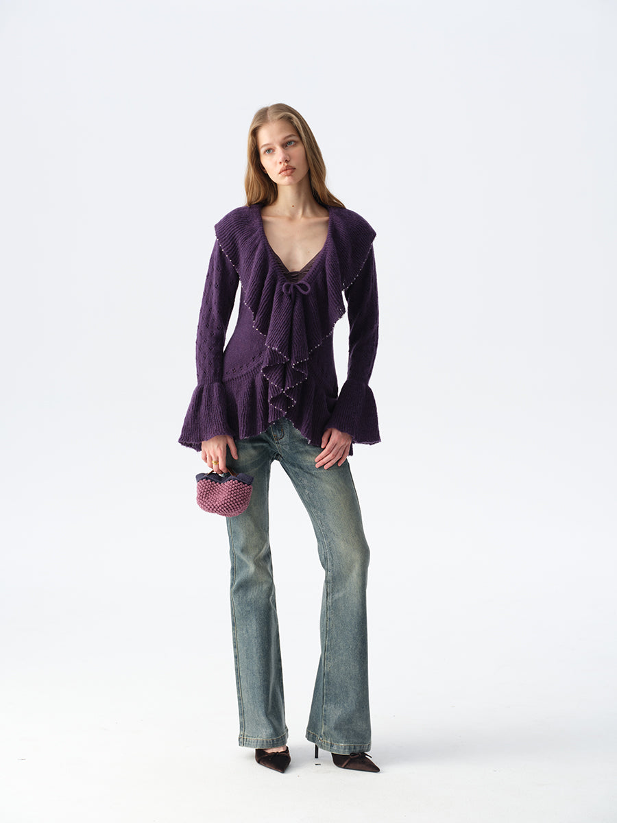 Dotyears Dual-Tone Cut-Out Long Cardigan with Ruffle Tie