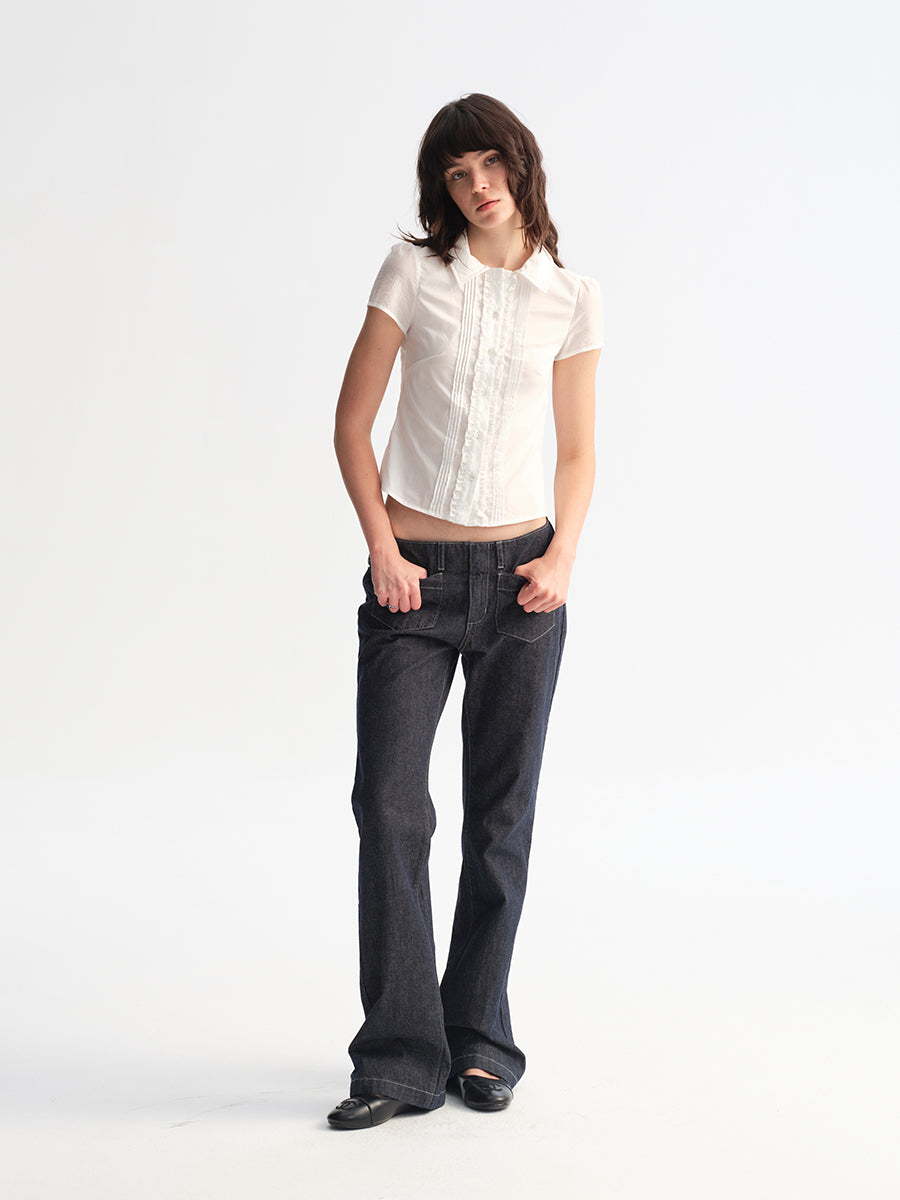 Hughum White Ruffled Lace Short-Sleeve Shirt