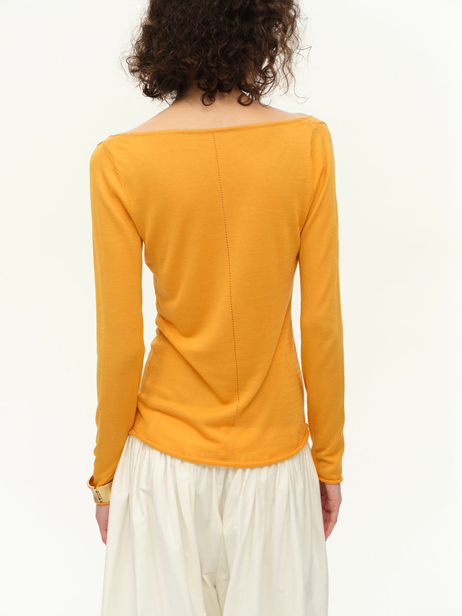 Hughum V-neck Tencel knit cut-out yellow black long sleeves