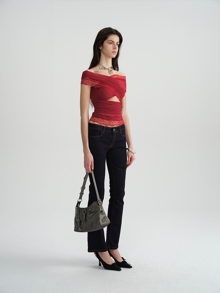 Dotyears Two-tone mesh and lace panelled crossover top