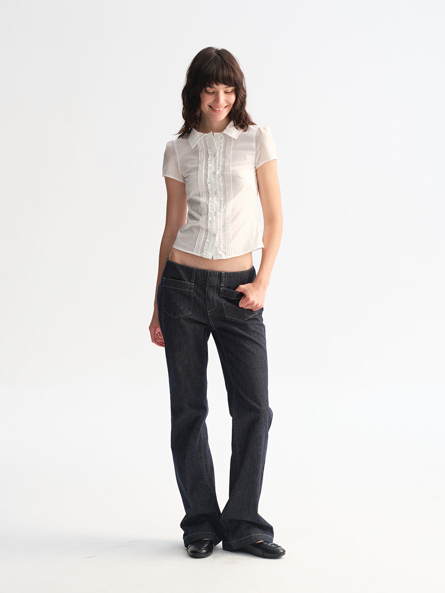 Hughum White Ruffled Lace Short-Sleeve Shirt